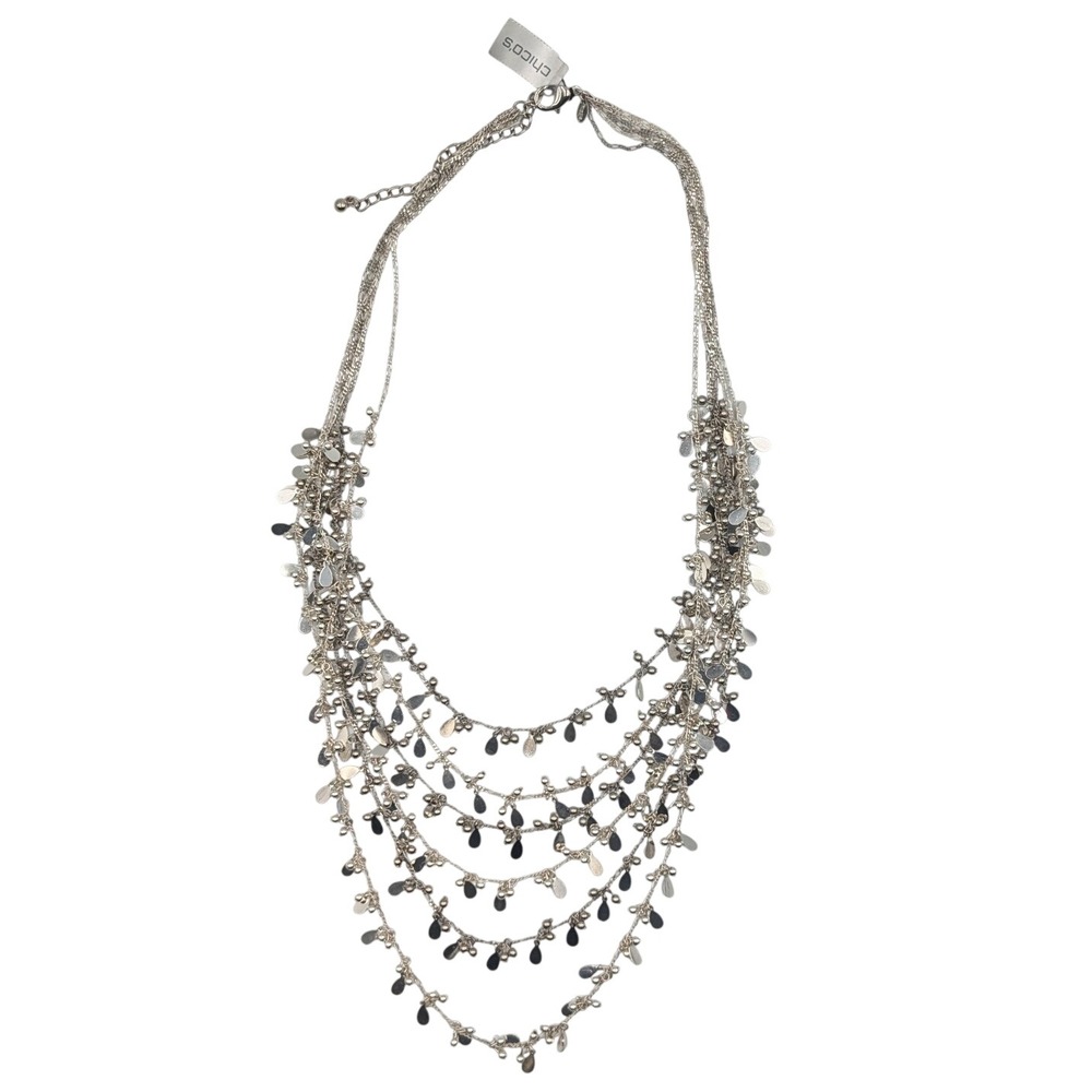 Chicos Cayley Silver Multi Strand Stacked Teardrop Statement Necklace Event NEW